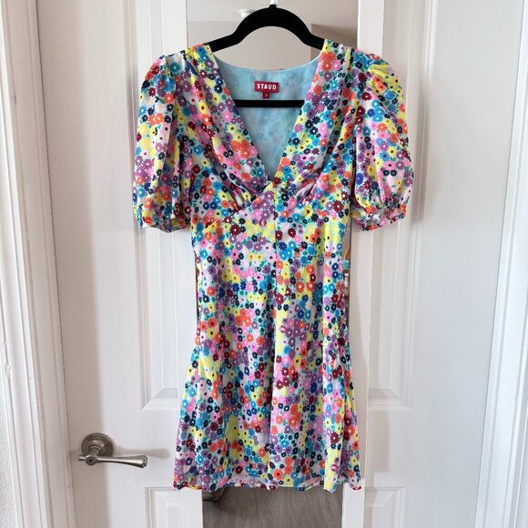 STAUD Milla Floral-print Crêpe De Chine Minidress In Rainbow Flower Market - Picture 1 of 4